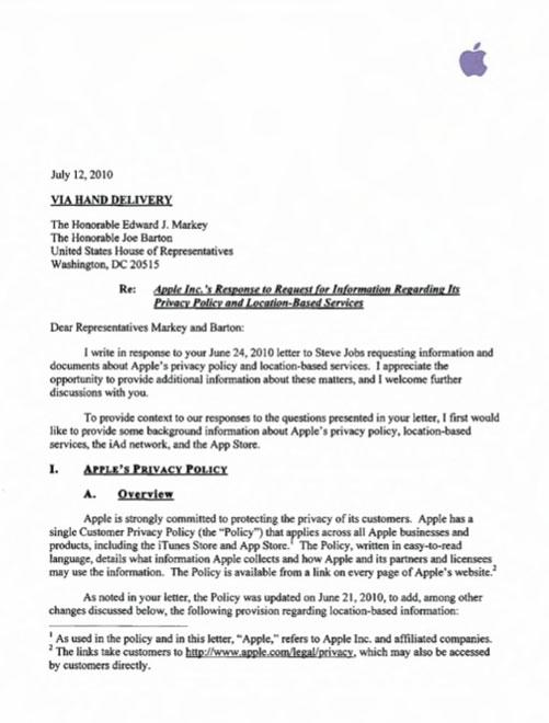 Image for Apple responds to US congressmen's query about iOS privacy [telecom]